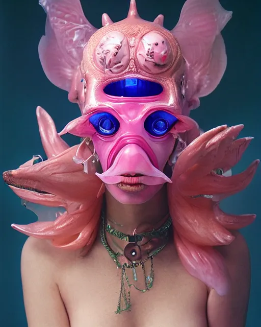 Prompt: natural light, soft focus portrait of a cyberpunk anthropomorphic angler fish with soft synthetic pink skin, blue bioluminescent plastics, smooth shiny metal, elaborate ornate head piece, piercings, skin textures, by annie leibovitz, paul lehr