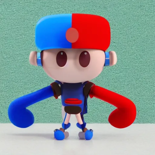Prompt: a cartoon red bean character with a blue visor and red backpack