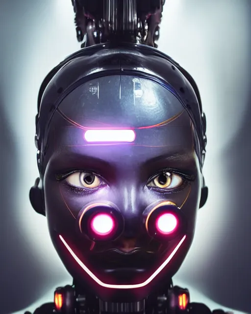 Image similar to photo of soulful female as a cyberpunk mecha humanoid robotic head and face parts with straight fluorescent lamps over face, ultra - realistic and detailed, long exposure, soft focus hdr 8 k