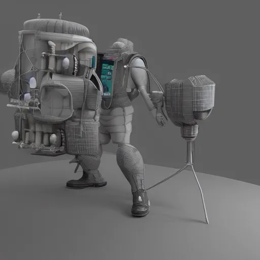 Image similar to nuclear - powered jetpack on display at a museum, 3 d render, octane, ray tracing, ultra high detail, photorealistic