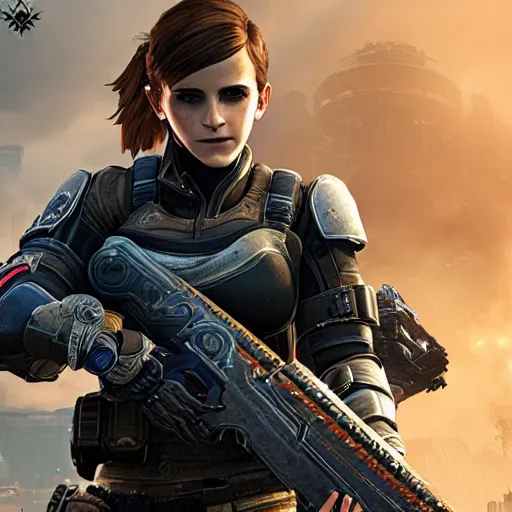 Image similar to emma watson in gears of war, destiny 2, witcher 3, god of war, warframe, cyberpunk 2 0 7 7, overwatch, fortnite, highly detailed, extremely high quality, hd, 4 k, professional photographer, 4 0 mp, lifelike, top - rated, award winning, realistic, detailed lighting, detailed shadows, sharp, edited, corrected, trending