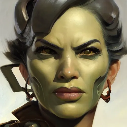 Image similar to greg manchess close - up portrait painting of a beautiful older female dieselpunk orc with olive green skin as an overwatch character, medium shot, asymmetrical, profile picture, organic painting, sunny day, matte painting, bold shapes, hard edges, street art, trending on artstation, by huang guangjian and gil elvgren and sachin teng