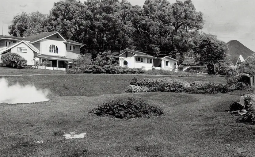 Image similar to suburban house and yard with small volcano erupting in the yard foreground, ground level