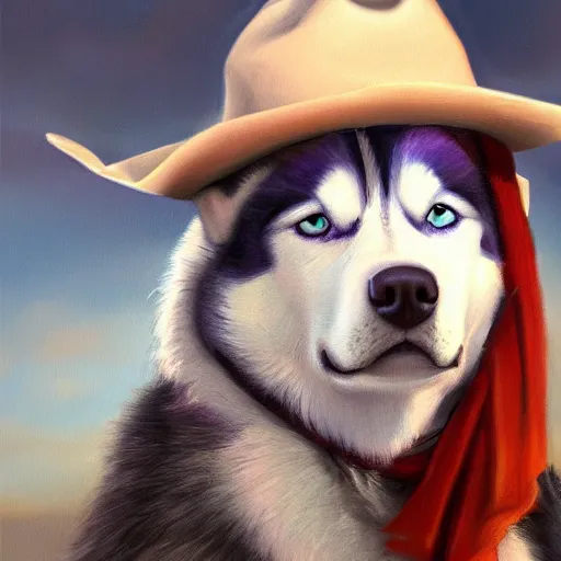 Prompt: a portrait painting of a husky in cowboy costume, wearing a cowboy hat, by studio ghibli, humanoid, personify, anthropomorphic, trending on artstation