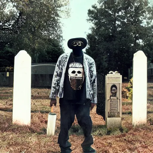 Prompt: MF DOOM wearing MF DOOM mask standing in a graveyard with a dug up coffin