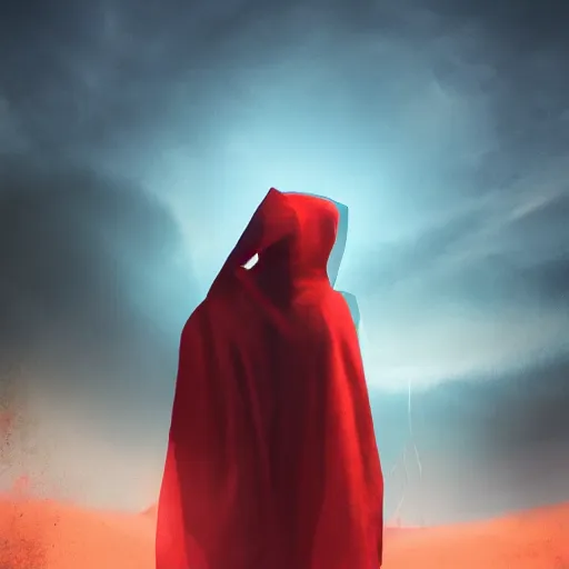 Prompt: view from the back warrior holding two swords, full body worn out torn cape, red hoodie, worn out clothes, floating spiral sand, desert, concept art, volumetric light, full body shot, 8K, trending on artstation