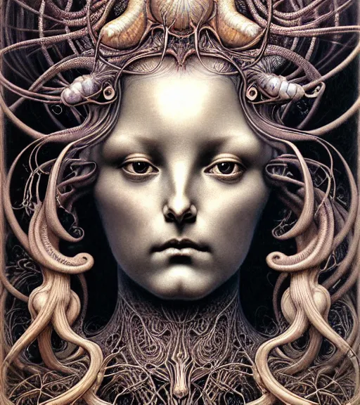 Prompt: detailed realistic beautiful anodized titanium goddess face portrait by jean delville, gustave dore, iris van herpen and marco mazzoni, art forms of nature by ernst haeckel, art nouveau, symbolist, visionary, gothic, neo - gothic, pre - raphaelite, fractal lace, intricate alien botanicals, biodiversity, surreality, hyperdetailed ultrasharp octane render