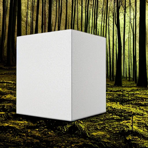 Prompt: A bob ross painting of a white concrete cube sitting in a forest clearing, digital art
