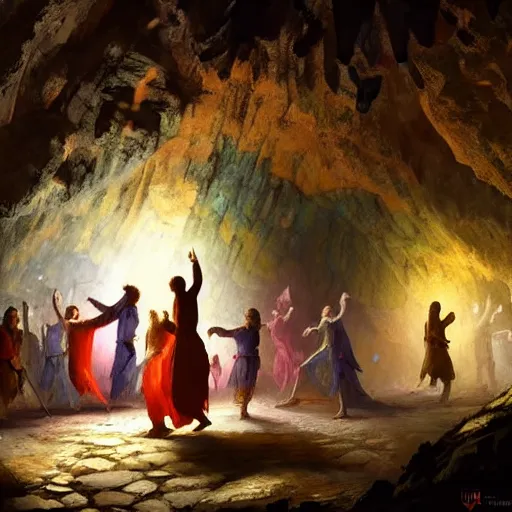 Prompt: medieval people dancing in a cave, there are colorful crystals on the ceiling and on the ground, by greg rutkowski, in the style of magic the gathering, 4k, very detailed