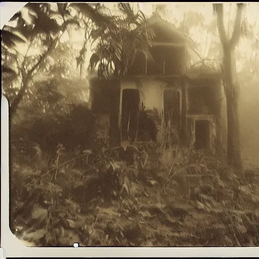 Image similar to an ancient demon-girl devouring the souls of the human kind on an abandoned house, Colombian jungle, mist, 1910 polaroid photography, grainy film, Black and white