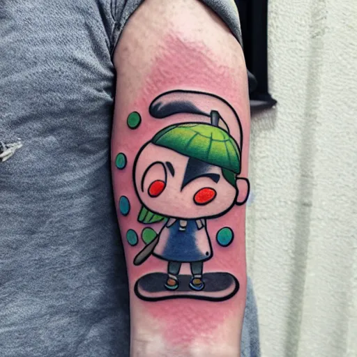 Prompt: A tattoo of Blathers from Animal Crossing