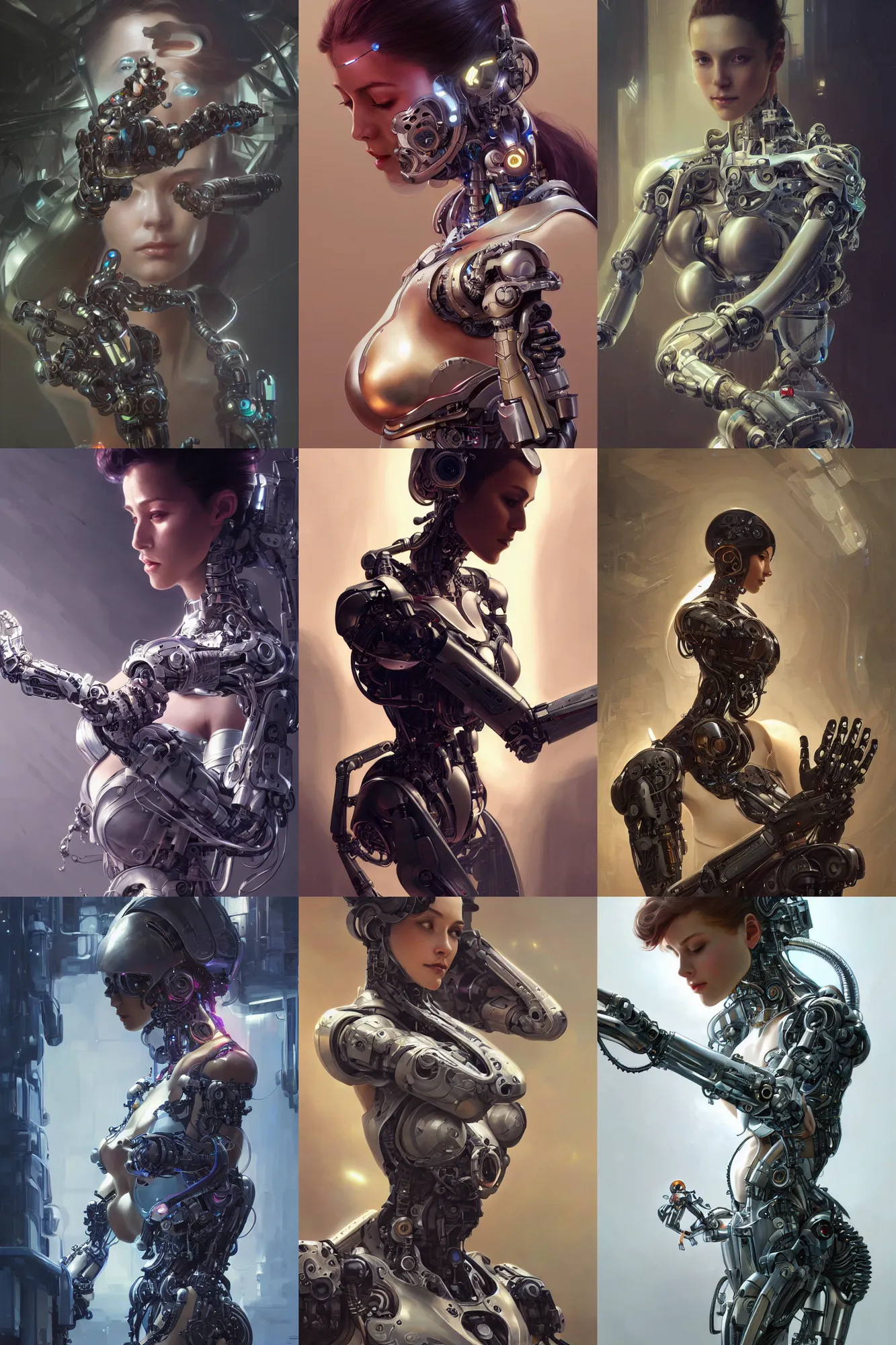 Prompt: Ultra realistic illustration, Robotic arms making up a cyborg woman, cyberpunk, sci-fi, fantasy, intricate, elegant, highly detailed, digital painting, artstation, concept art, smooth, sharp focus, illustration, art by artgerm and greg rutkowski and alphonse mucha