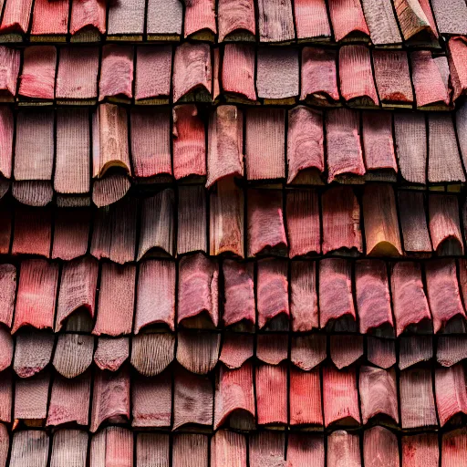 Prompt: a close - up photo of a farmhouse with walls and roof made of bacon, bokeh