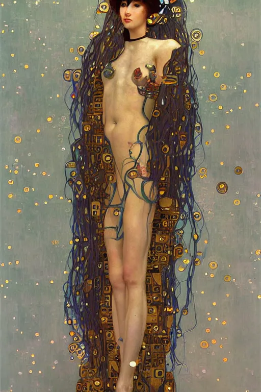 Image similar to beautiful young maiden cyborg, highly detailed, artstation, illustration, art by Gustav Klimt