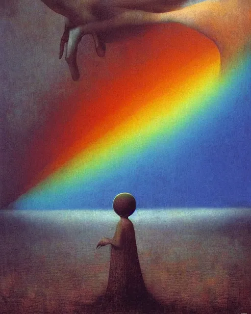 Image similar to change by beksinski, carrington, bosch, dali, barlowe, magritte, pagan bright multirainbow colors