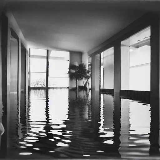 Prompt: a flooded hotel hallway leading to an indoor pool, polaroid, liminal space, surreal,