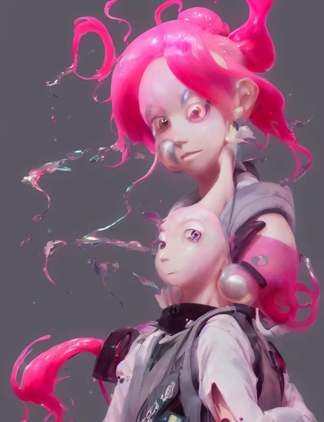 Image similar to a beautiful portrait of a cute splatoon anime male with pink hair. character design by cory loftis, fenghua zhong, ryohei hase, ismail inceoglu and ruan jia. artstation, volumetric light, detailed, photorealistic, fantasy, rendered in octane