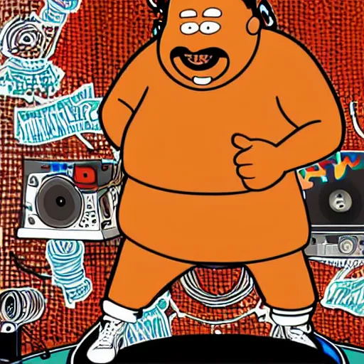 Image similar to svg sticker of a Dancing-Cleveland Brown, at a rave, spinning records, giant headphones rocking out, wearing headphones, huge speakers, dancing, rave, DJ, spinning records, digital art, amazing composition, rule-of-thirds, award-winning, trending on artstation, featured on deviantart