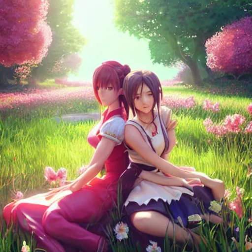 Prompt: aerith and yuffie from final fantasy 7 remake sitting in a flower field by ilya kuvshinov, rtx reflections, maya, extreme high intricate hyperrealistic details by wlop, digital art by ross tran, medium shot, composition by sana takeda, dramatic lighting by greg rutkowski