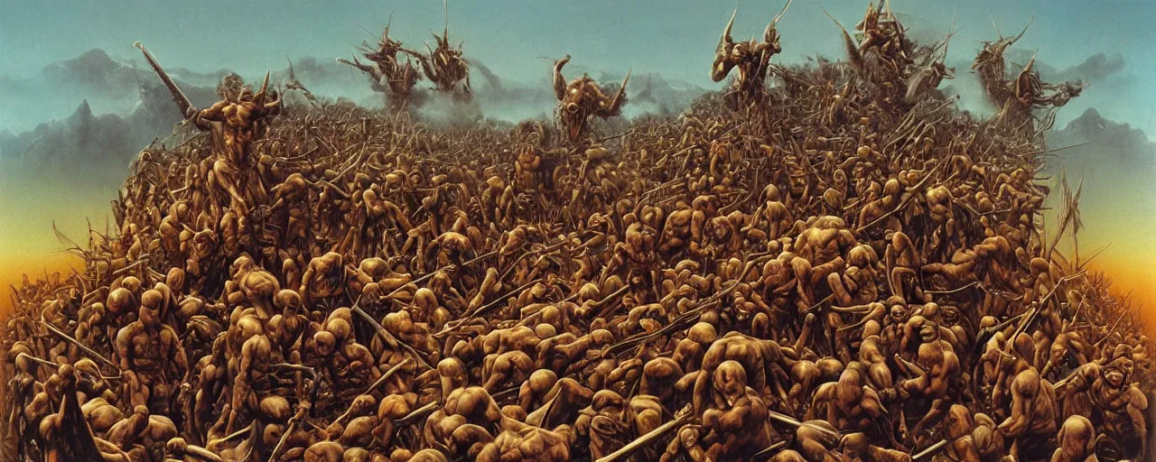 Image similar to the hungry birds of war. manowar album cover, ripped muscular barbarians are surrounded, 8k, highly detailed, by Zdzisław Beksiński