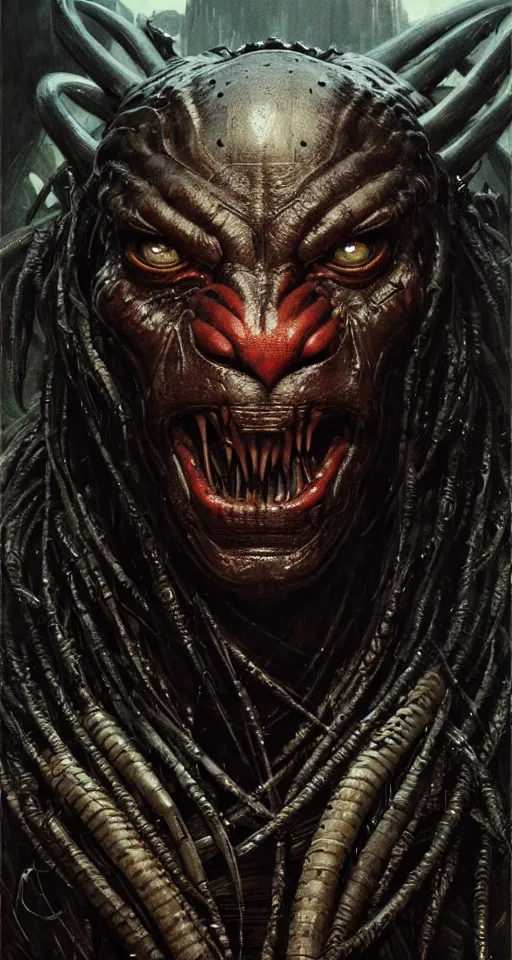 Image similar to a portrait of the predator fantasy character portrait, ultra realistic, cinematic, concept art, wide angle, intricate details, hologram, highly detailed by greg rutkowski, aaron horkey, gaston bussiere, craig mullins, simon bisley, arthur rackham