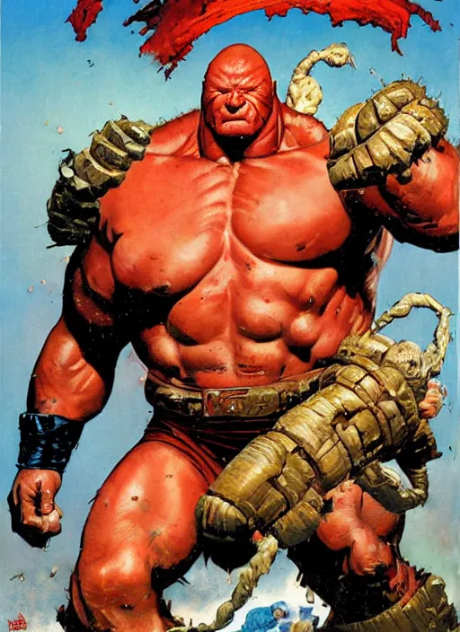 Image similar to full body and head portrait of brock lesnar as marvel juggernaut vs the thing, dynamic action, painted by norman rockwell and phil hale and greg staples and tom lovell and frank schoonover and jack kirby