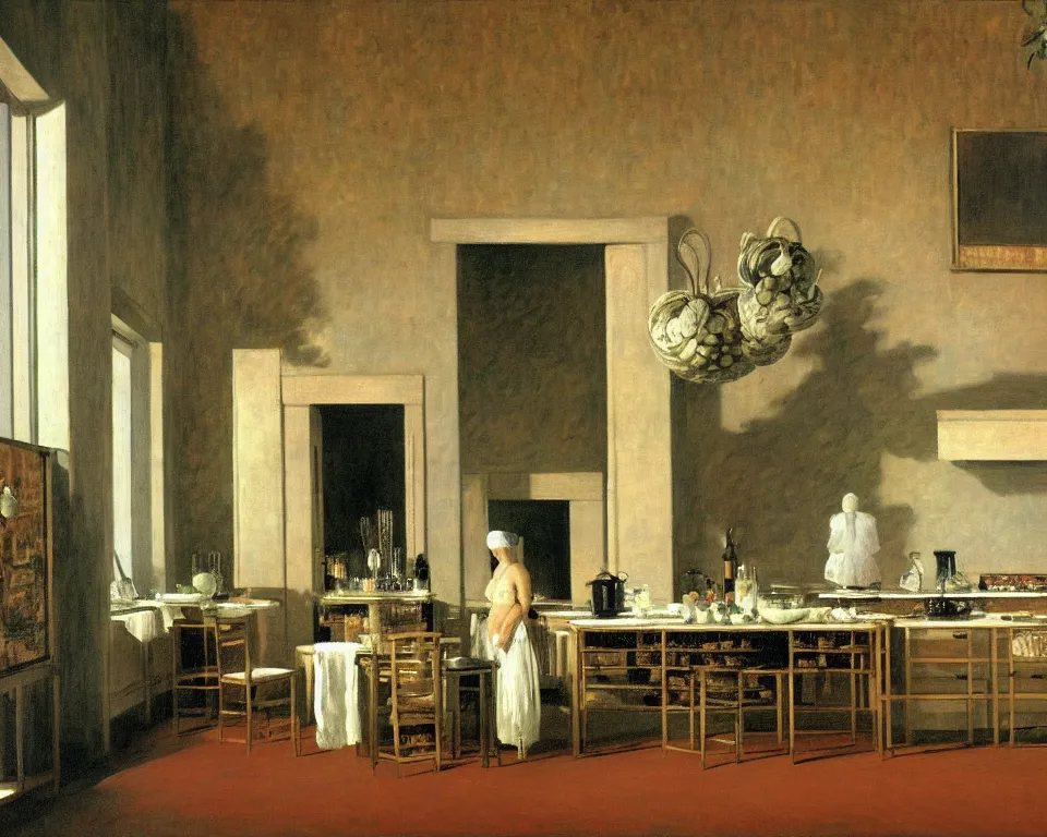 Prompt: achingly beautiful painting of a sophisticated, well - decorated chef's kitchen on warm background by rene magritte, monet, and turner. giovanni battista piranesi.