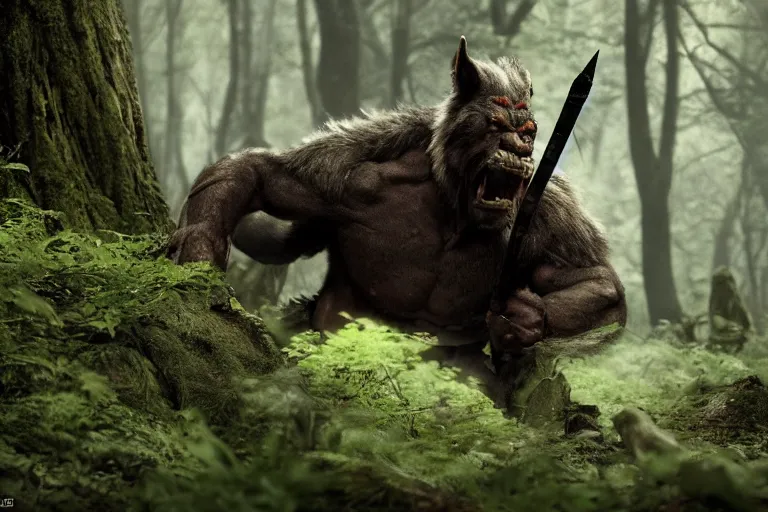 Image similar to vfx movie closeup detailed ancient warrior orc hunting wolf in the forest, natural lighting by emmanuel lubezki