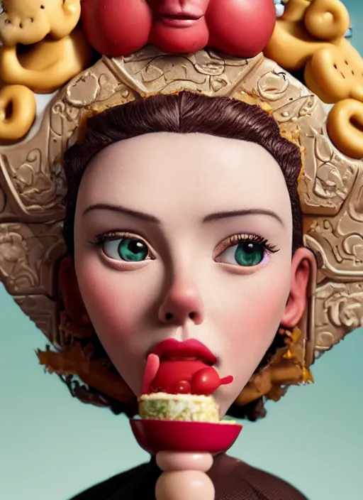 Image similar to closeup portrait of tin toy scarlett johansson eating cakes, depth of field, zeiss lens, detailed, symmetrical, centered, fashion photoshoot, by nicoletta ceccoli, mark ryden, lostfish, earl nore, hyung tae, frank frazetta, breathtaking, 8 k resolution, extremely detailed, beautiful, establishing shot, artistic, hyperrealistic, octane render