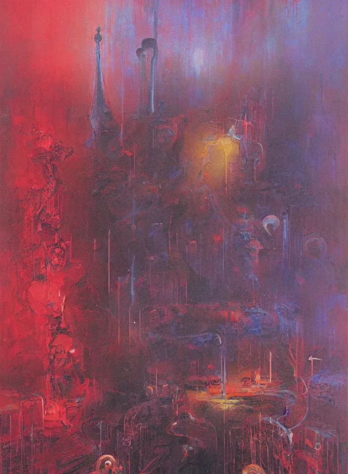 Prompt: the blind liberty of the few, red and purple palette, volume light, fog, by wayne thiebaud by ( h. r. giger ) and paul lehr