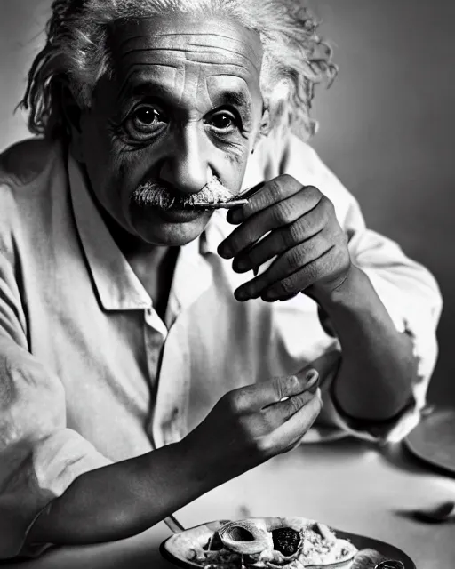 Prompt: A photo of Albert Einstein eating Pani Puri, highly detailed, trending on artstation, bokeh, 90mm, f/1.4