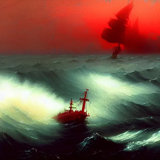 Image similar to bloody ocean, rusted iron ship sinking in red blood ocean, by Ivan Aivazovsky, junji ito, hd 8k