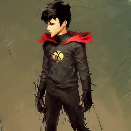 Image similar to a 14 year old teenage boy with spiky black hair and green eyes. Robin. Tim Drake. Damian Wayne. Dc comics. Kuvshinov ilya. Repin. By Craig Mullins