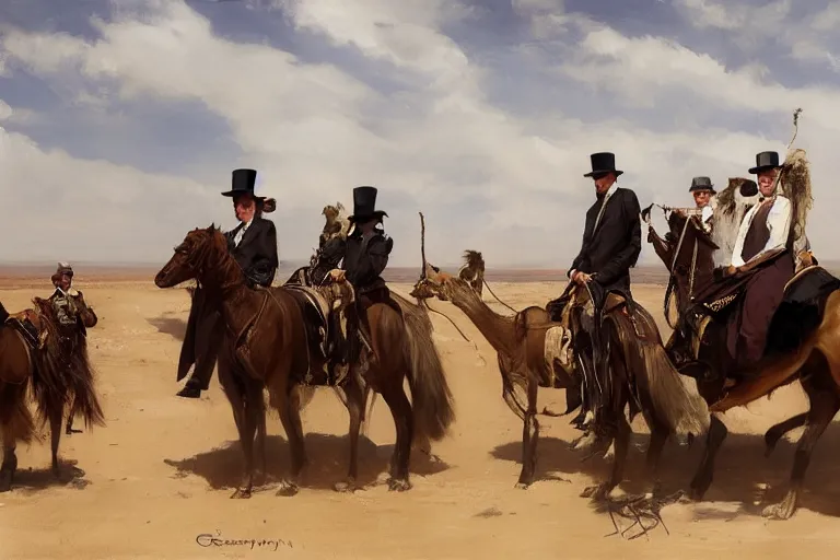 Image similar to portrait of a respectable dignified royal business elite politicians in top hats and coat tails riding on emus in the sahara desert throwing vanilla icecream cones at each other, art by anders zorn, wonderful masterpiece by greg rutkowski, beautiful cinematic light, american romanticism by greg manchess, jessica rossier