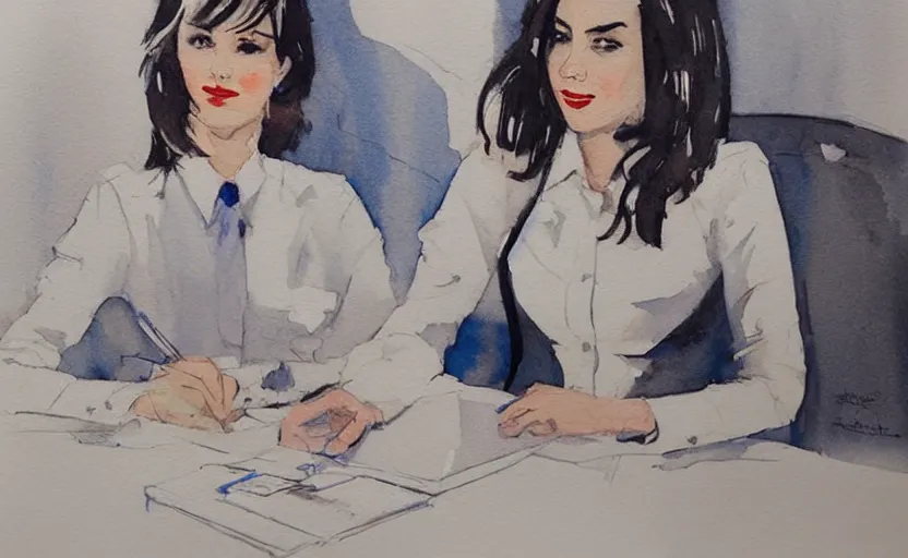 Prompt: concept art of a modern office life, business woman, pinterest, artstation trending, behance, watercolor, by coby whitmore *, silver, laser light *,