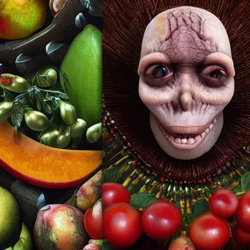 Image similar to giuseppe arcimboldo, fruits, unreal engine, new scifi movie