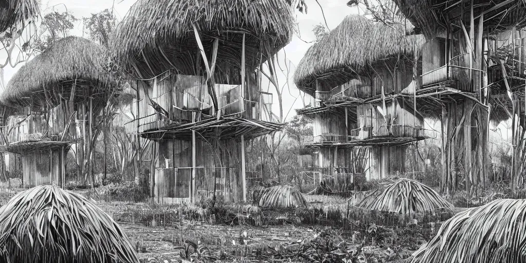 Image similar to long and tall organic houses, village, jungle, black and white, year 1 9 0 0, artstation, digital art