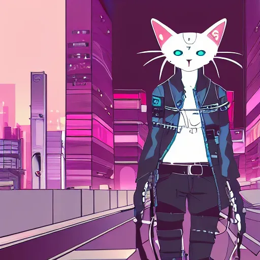 Image similar to a cyberpunk anime cat, 2 d illustration