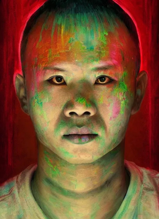 Image similar to colorful character portrait of a chinese prisoner at night lit by the stars, wispy smoke, highly detailed face, very intricate, symmetrical, cinematic lighting, award - winning, painted by mandy jurgens, peter doig, dystopian, bold colors, dark vibes, anime aesthetic, featured on artstation