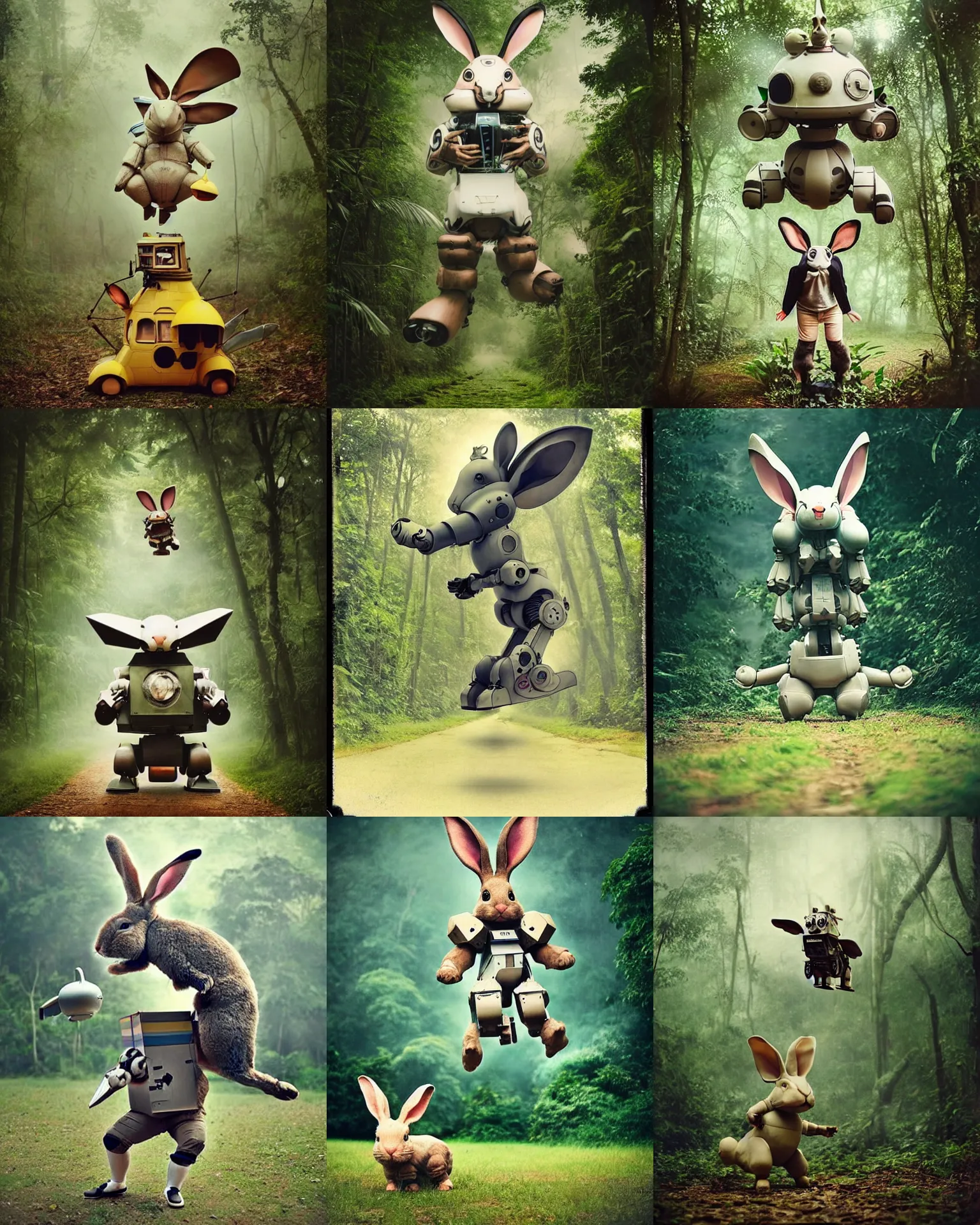 Prompt: attack pose !! giant oversized battle rabbit robot chubby mech baby as flying concorde helicopter with big ears and rabbit , on a jungle forest , full body , Cinematic focus, Polaroid photo, vintage , neutral dull colors, soft lights, foggy ,random weather, by oleg oprisco , by victor enrich