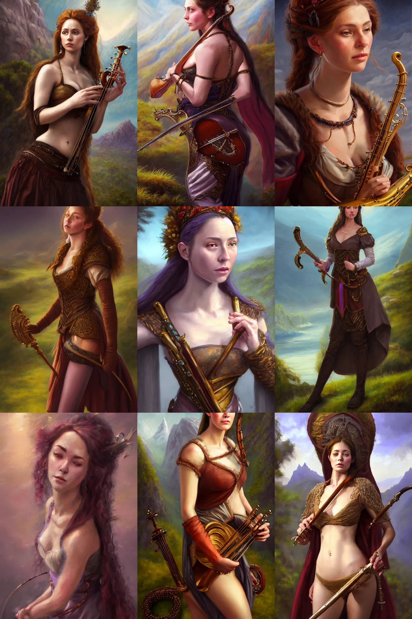 Image similar to a full body high detail fantasy portrait oil painting illustration of a single beautiful sophisticated bard woman by justin sweet with face and body clearly visible, in a scenic background, pupils visible, realistic proportions, d & d, rpg, forgotten realms, artstation trending, high quality, sombre mood, artstation trending, muted colours, entire person visible!