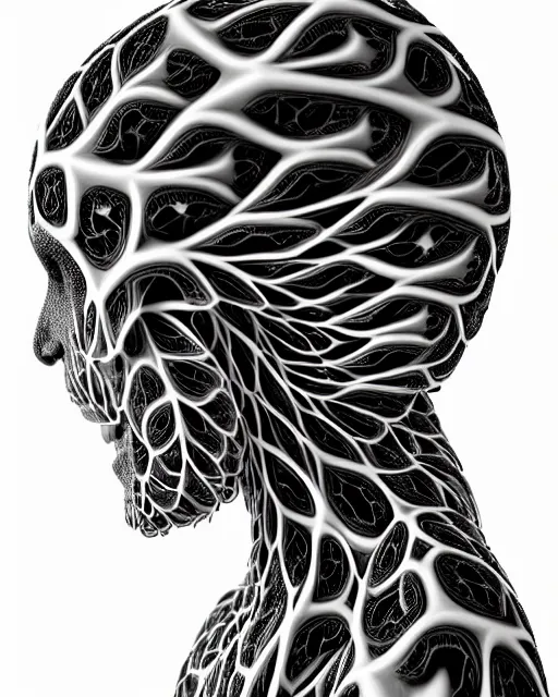 Prompt: a contrasted black and white 3D render of a beautiful female vegetal-dragon-cyborg, 150 mm, orchid stems, ivy, fine lace, Mandelbrot fractal, anatomical, flesh, facial muscles, microchip, veins, arteries, full frame, microscopic, elegant, highly detailed, flesh ornate, elegant, high fashion, rim light, octane render, 8K