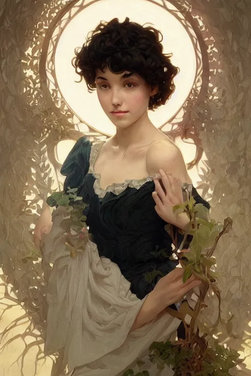 Image similar to beautiful cottagecore of a girl with short black curly hair, round face, cute face. intricate, elegant. highly detailed, digital painting, artstation, concept art, smooth, sharp, focus, illustration. art by artgerm and greg rutkowski alphonse mucha and Marat Safin