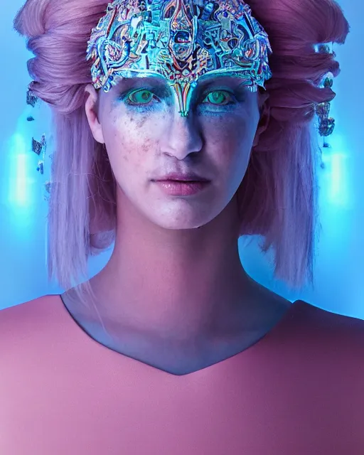 Image similar to natural light, soft focus portrait of an android with soft synthetic pink skin, blue bioluminescent plastics, smooth shiny metal, elaborate ornate head piece, piercings, skin textures, by annie liebovotz, paul lehr