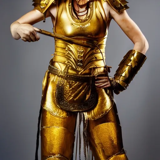 Prompt: portrait photo of a barbarian woman in gold armor taken by Anne Leibovitz