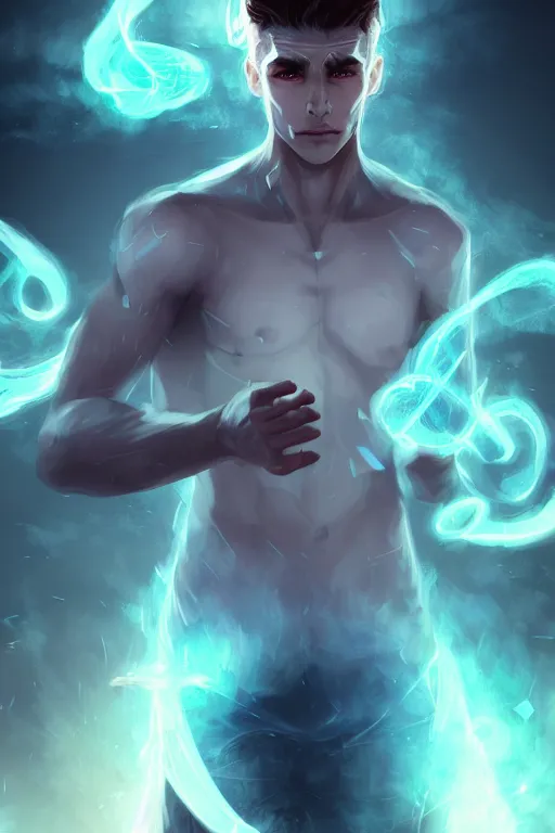 Image similar to a human elemental sorcerer, blurred environment background, magic effects, white skin, portrait, male, sharp focus, digital art, concept art, post processed, dynamic lighting, by emylie boivin and rossdraws