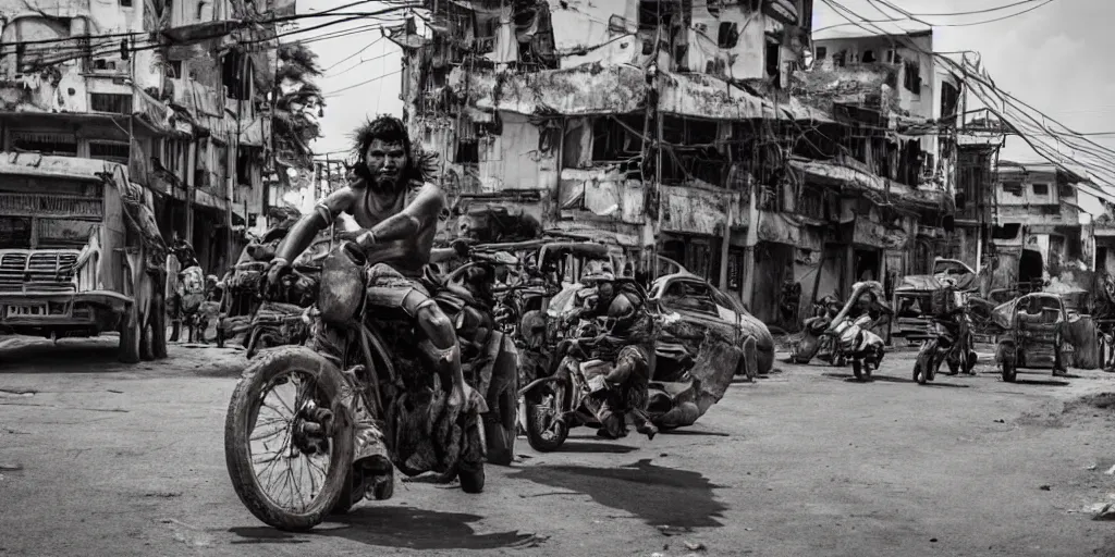 Image similar to sri lankan mad max style, city streets, film still, epic shot cinematography, rule of thirds