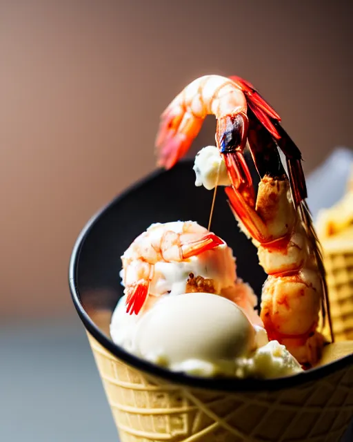 Prompt: dslr food photograph of an ice cream sundae with a shrimp on. 8 5 mm f 1. 4