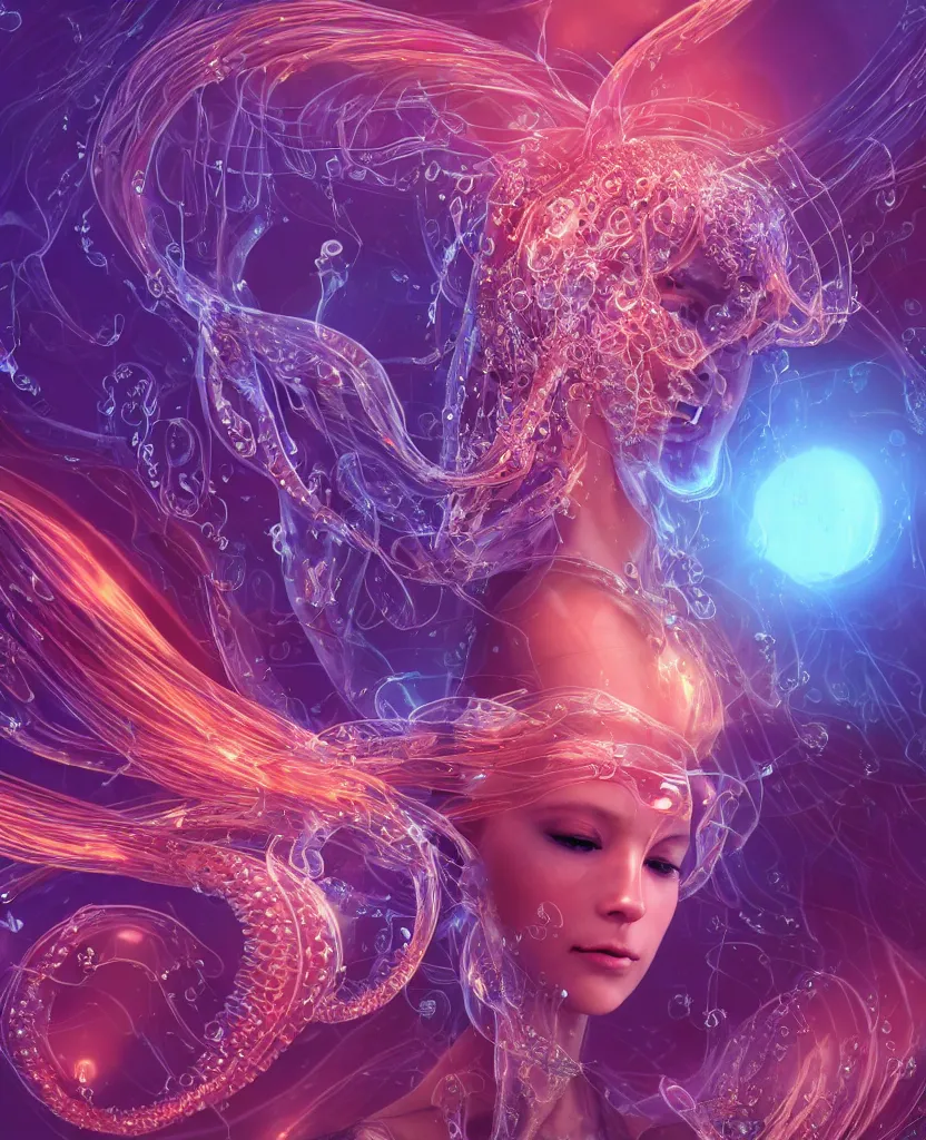 Image similar to close-up macro portrait of the face of a beautiful princess, epic angle and pose, symmetrical artwork, 3d with depth of field, blurred background, cybernetic jellyfish female face skull phoenix bird, translucent, nautilus, energy flows of water and fire. a highly detailed epic cinematic concept art CG render. made in Maya, Blender and Photoshop, octane render, excellent composition, cinematic dystopian brutalist atmosphere, dynamic dramatic cinematic lighting, aesthetic, very inspirational, arthouse. y Greg Rutkowski, Ilya Kuvshinov, WLOP, Stanley Artgerm Lau, Ruan Jia and Fenghua Zhong