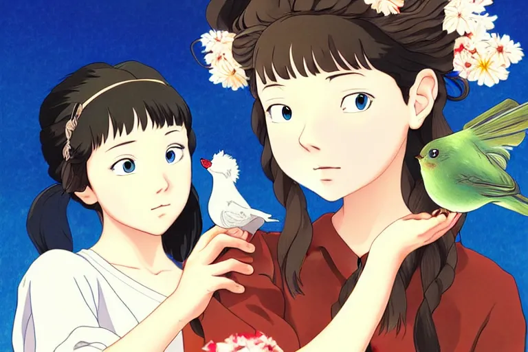 Image similar to young pretty girl holding a bird in her hands, looking touched, Fragile looking character portrait , beautiful scene; highly detailed art, by Studio Ghibli , High contrast, anime art